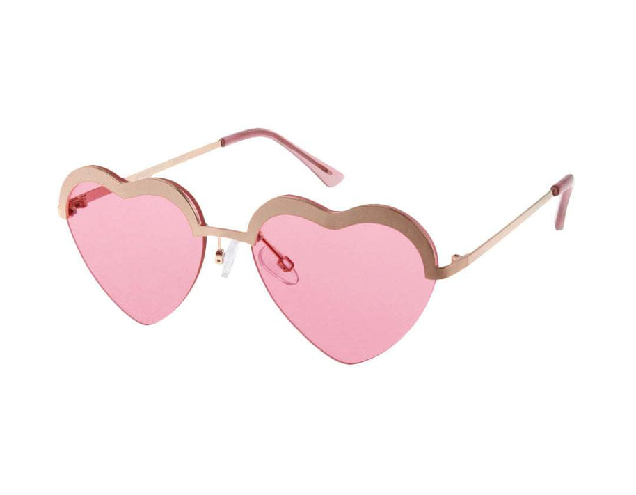 Mini Heart Cupid Kid's Sunglasses with pink heart-shaped lenses and lightweight copper metal frame providing 100% UV protection.