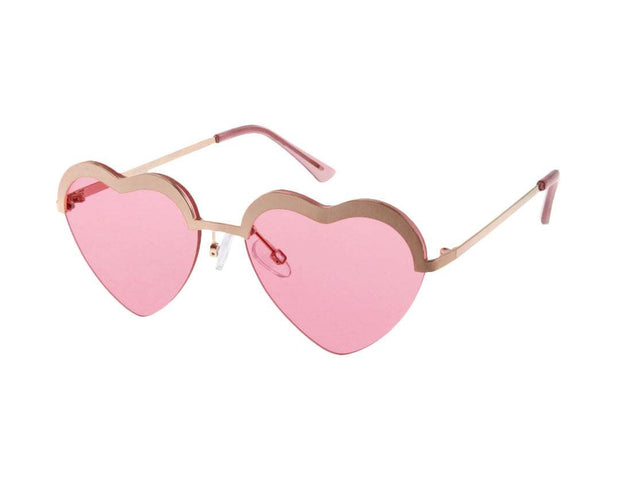 Mini Heart Cupid Kid's Sunglasses with pink heart-shaped lenses and lightweight copper metal frame providing 100% UV protection.