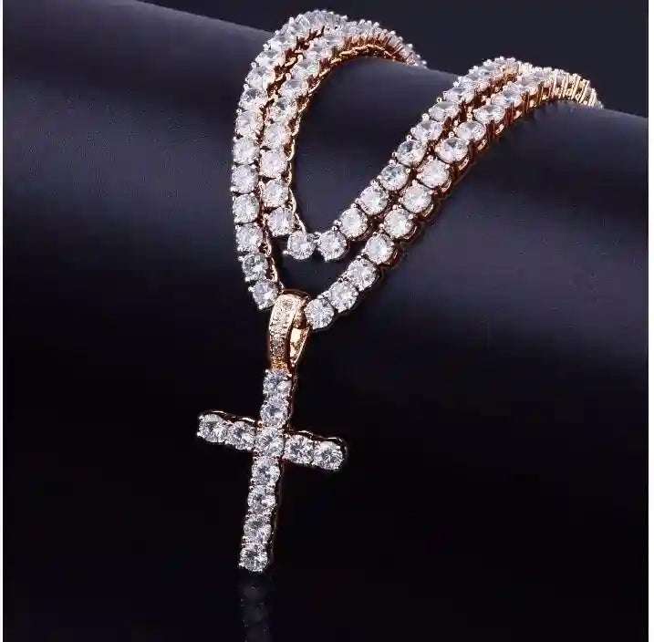 Galore 3 mm CZ Tennis Bundle featuring slim tennis chain with cubic zirconia cross pendant in gold finish