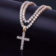 Galore 3 mm CZ Tennis Bundle featuring slim tennis chain with cubic zirconia cross pendant in gold finish