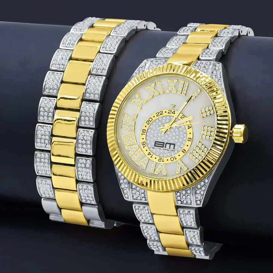 Protuberant Crystal Watch Set with gold and silver diamantine crystals and robust Japanese quartz movement