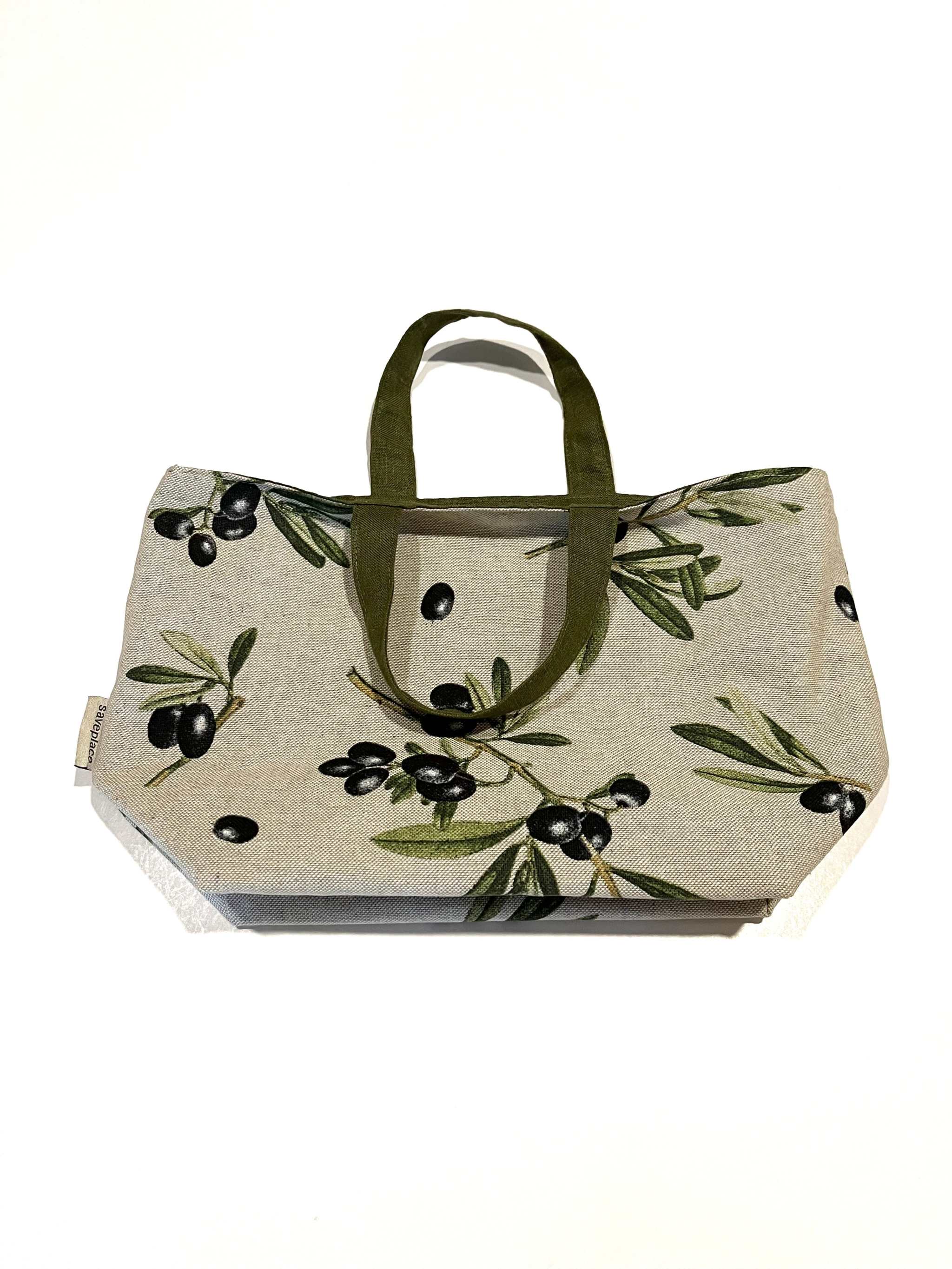durable lunch bag Mediterranean Bliss with olive print, cotton and linen, portable with handle