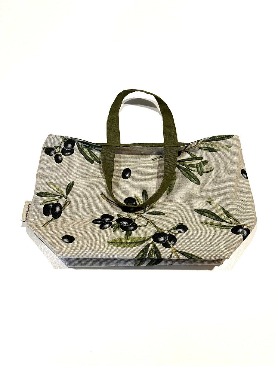 durable lunch bag Mediterranean Bliss with olive print, cotton and linen, portable with handle