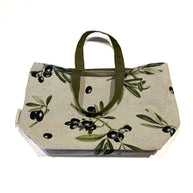 durable lunch bag Mediterranean Bliss with olive print, cotton and linen, portable with handle