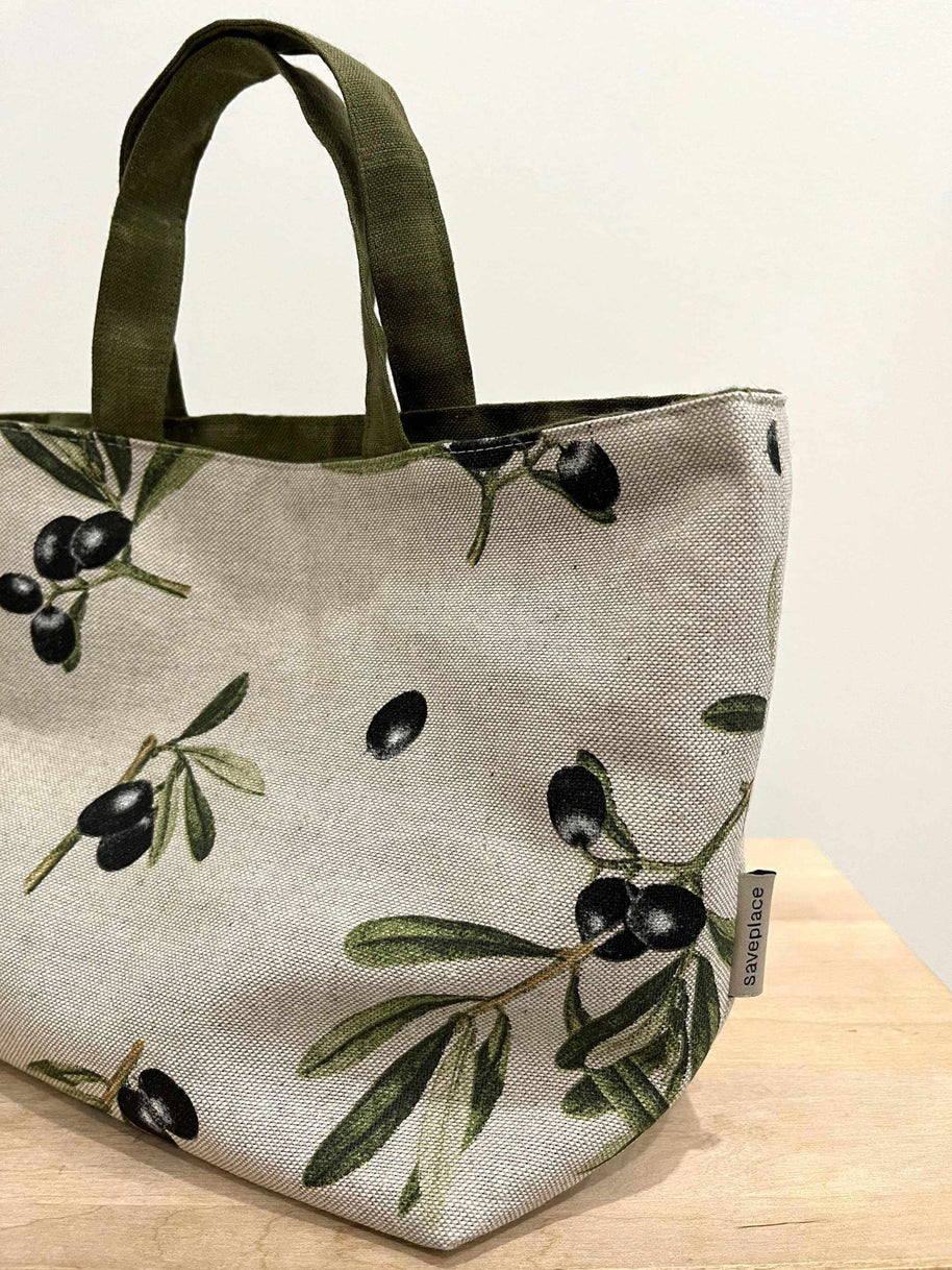 Durable lunch bag Mediterranean Bliss with olive branch design, cotton and linen, portable and machine-washable