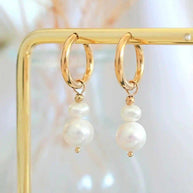 24K Gold Baroque Pearl Hoops earrings with natural baroque freshwater pearls, lightweight and hypoallergenic design.
