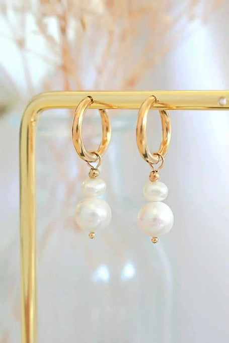 24K Gold Baroque Pearl Hoops earrings with natural baroque freshwater pearls, lightweight and hypoallergenic design.