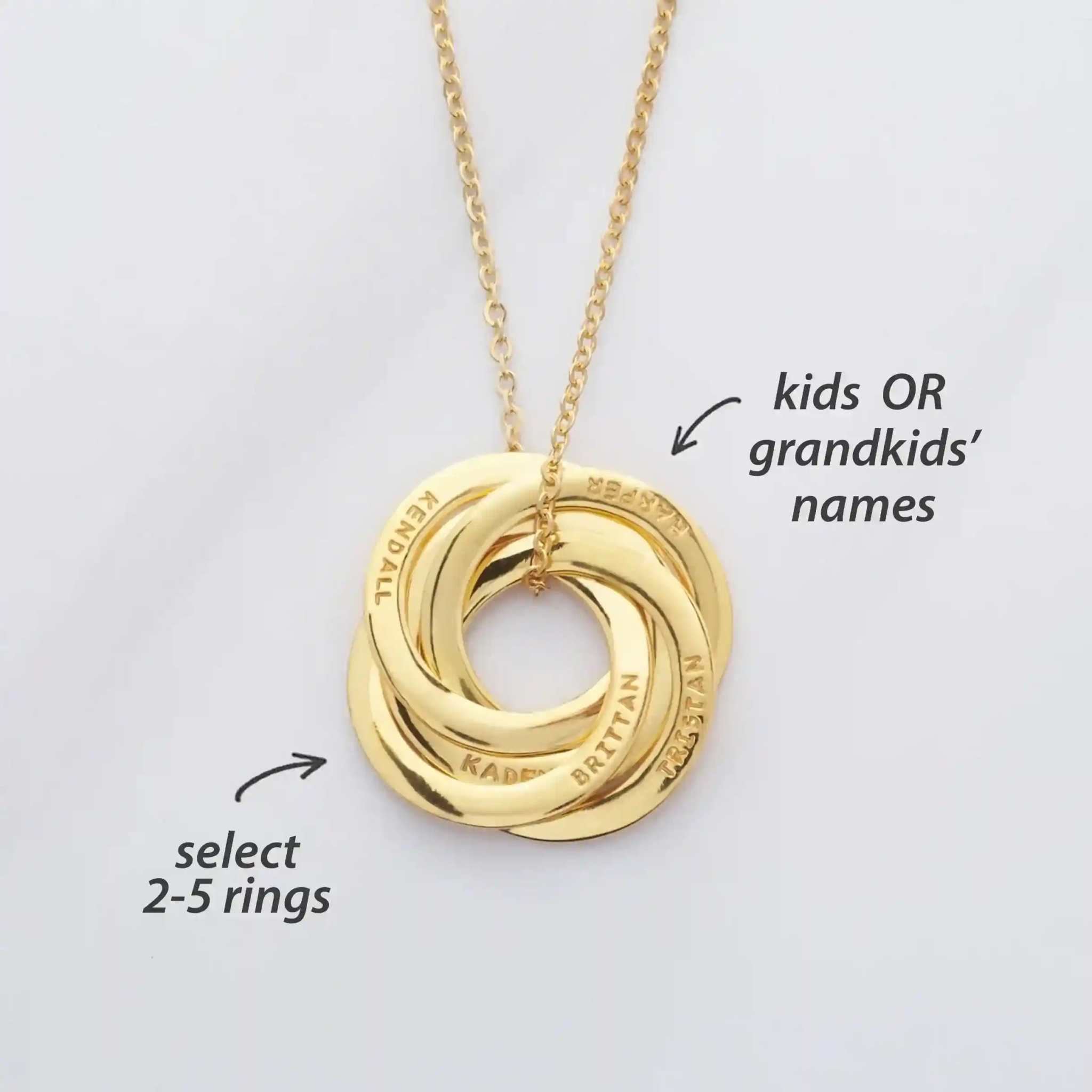 Gold interlocking name ring necklace customizable with 2-5 engraved rings for kids or grandkids names