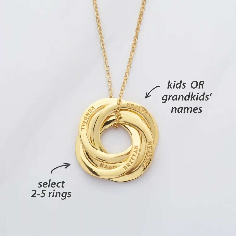 Gold interlocking name ring necklace customizable with 2-5 engraved rings for kids or grandkids names