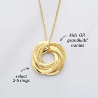 Gold interlocking name ring necklace customizable with 2-5 engraved rings for kids or grandkids names