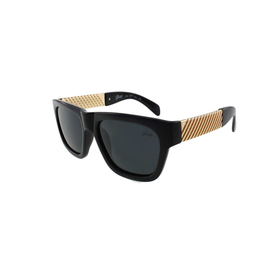 Jase New York Royce sunglasses with gloss black rectangular frame and gold cross hatch temples