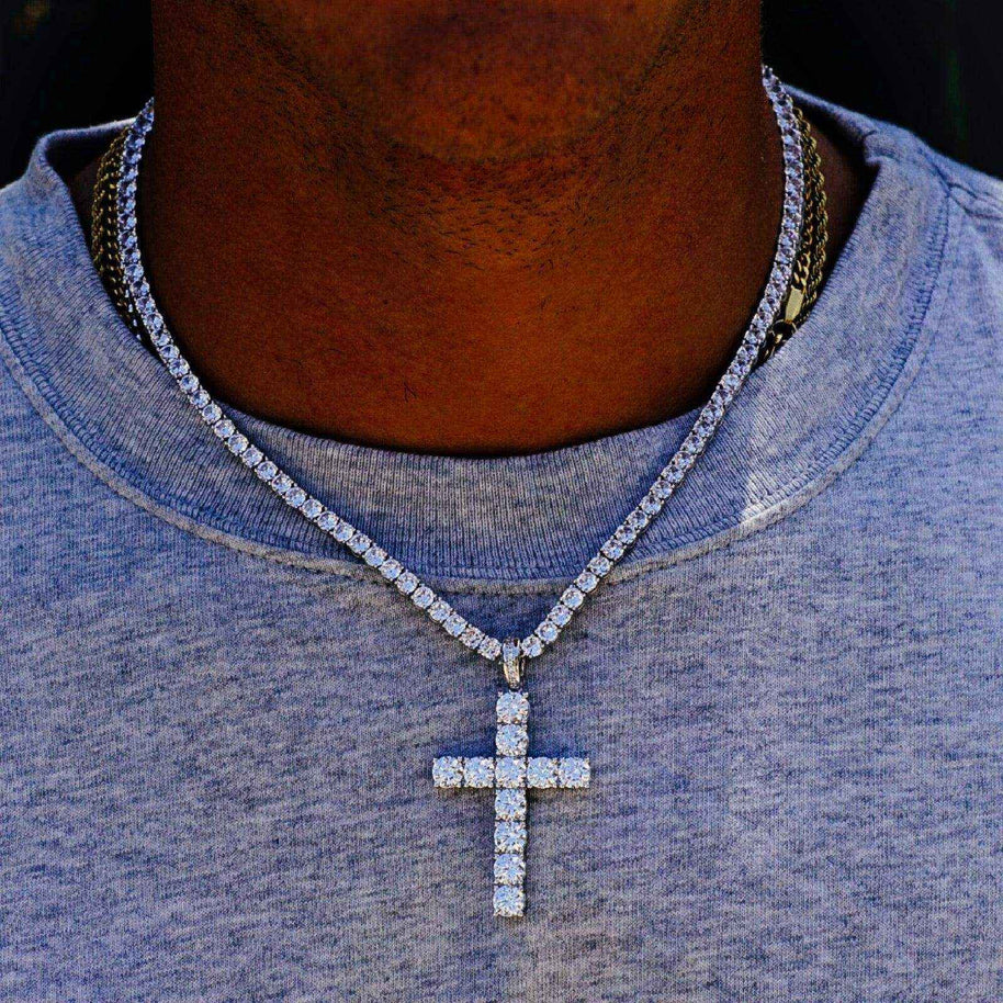 Galore 3 mm CZ Tennis Bundle featuring a slim tennis chain with a cubic zirconia cross pendant in silver finish worn on neck