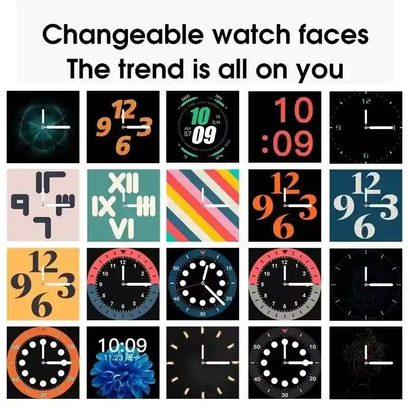 Display showing multiple changeable watch faces for Ultra-Thin IP68 Smartwatch with various styles and designs