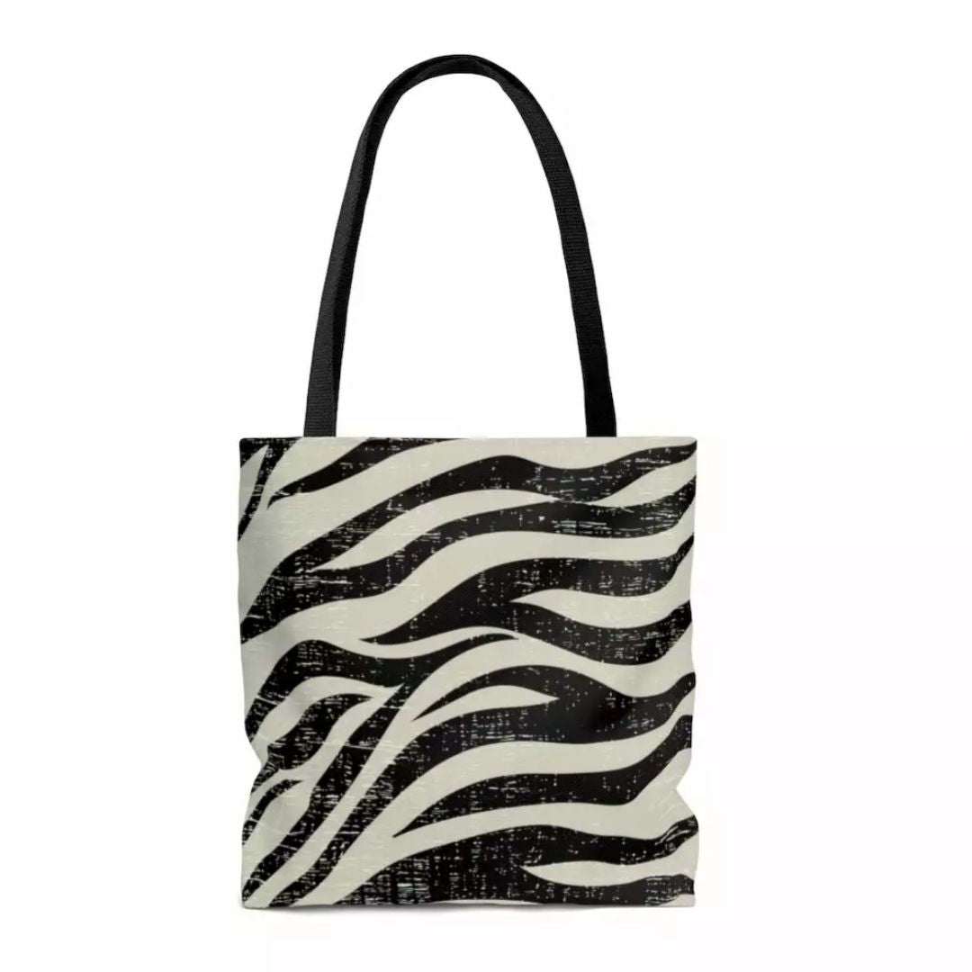 Medium double sided zebra print beach shopper tote bag with black handles