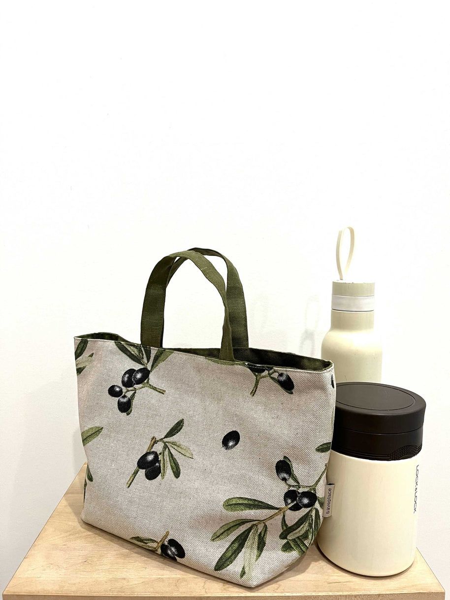 Durable lunch bag with olive print, cotton and linen, portable and stylish for work or school