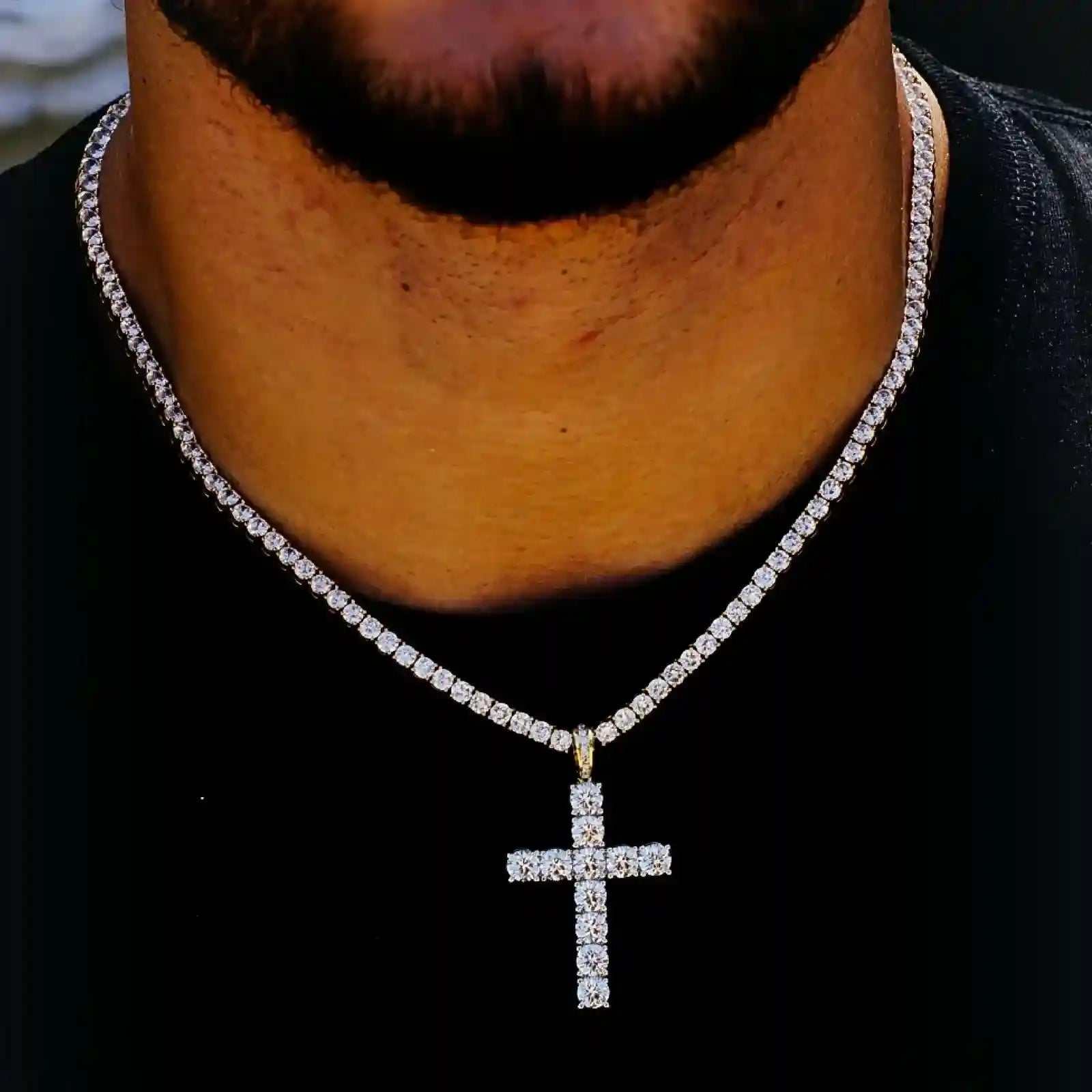 Galore 3 mm CZ Tennis Bundle necklace with cubic zirconia cross pendant on a black shirt background