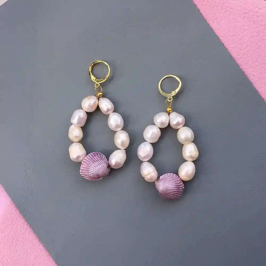 Candy Shell Pearl Earrings with pastel shells and freshwater pearls on gold-plated hoops