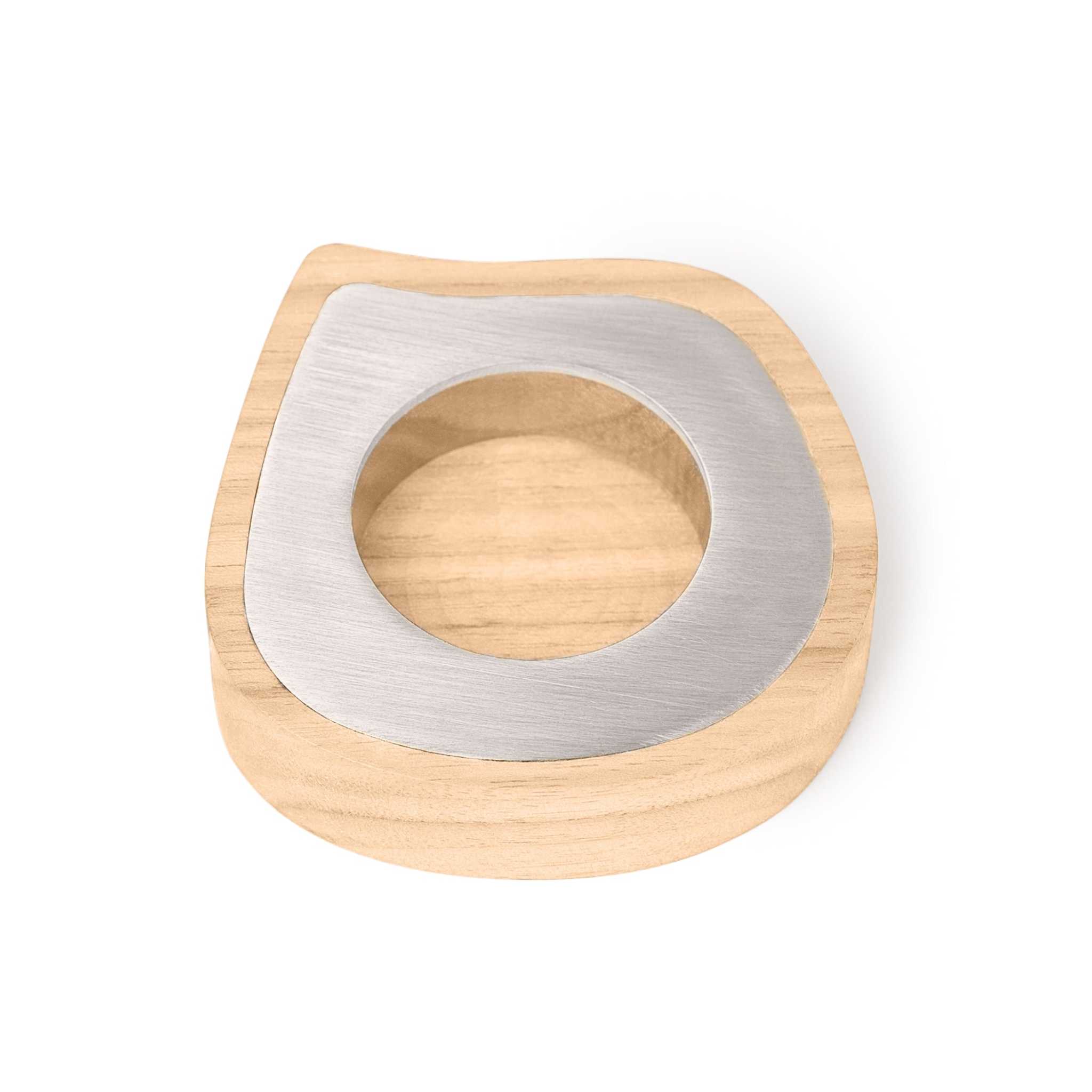 Taper candle holder made of ash wood and stainless steel with natural wood grain and metal detail