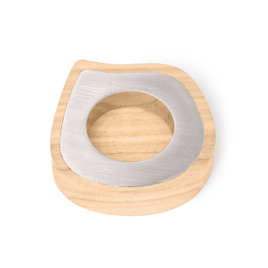 Taper candle holder made of ash wood and stainless steel with natural wood grain and metal detail