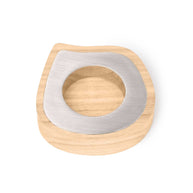 Taper candle holder made of ash wood and stainless steel with natural wood grain and metal detail