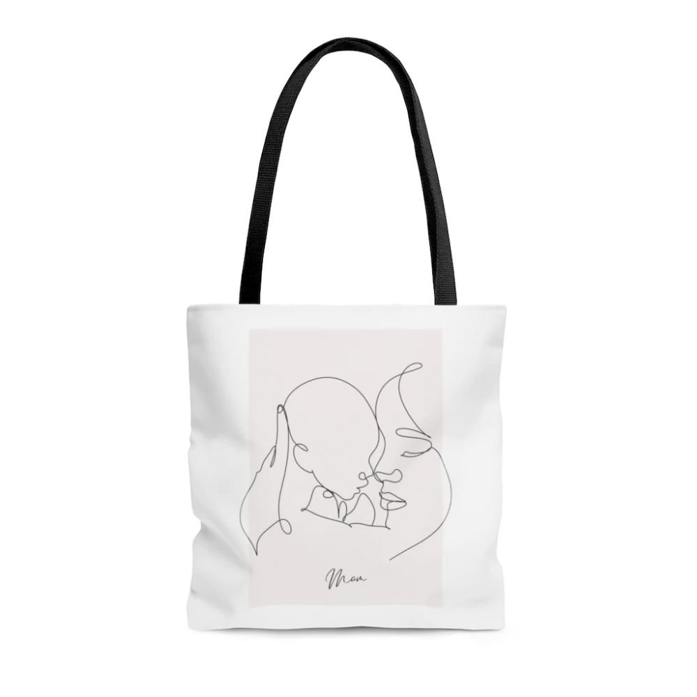 Mom and I medium shopper tote bag with black handles, double-sided print, and polyester material for beach or town use