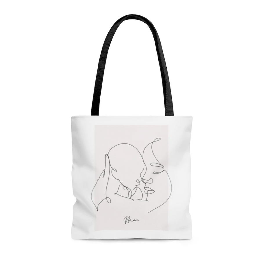 Mom and I medium shopper tote bag with black handles, double-sided print, and polyester material for beach or town use
