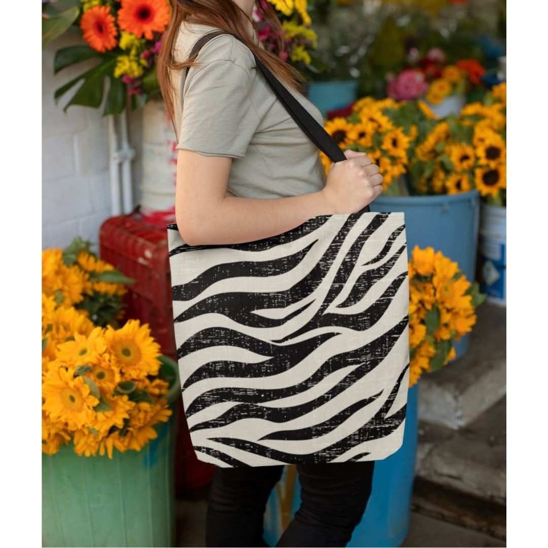 Medium double sided zebra print beach shopper tote bag with black cotton handles and lining