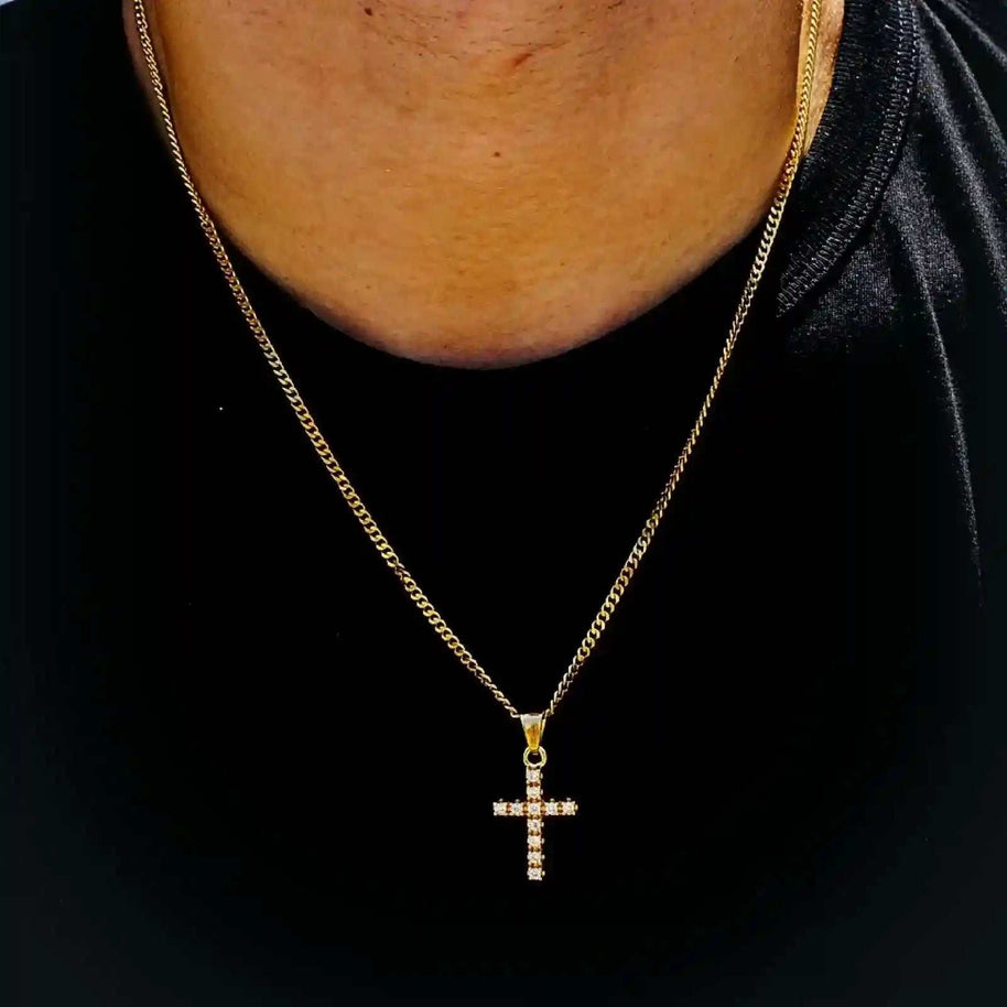 Tip Cross Micro CZ Necklace with cubic zirconia cross pendant on stainless steel Cuban chain worn on neck