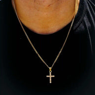 Tip Cross Micro CZ Necklace with cubic zirconia cross pendant on stainless steel Cuban chain worn on neck