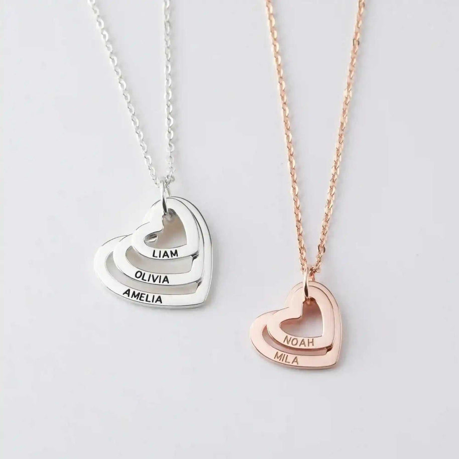 Two Grandma Heart Name Necklaces with personalized engraved names in silver and rose gold finishes