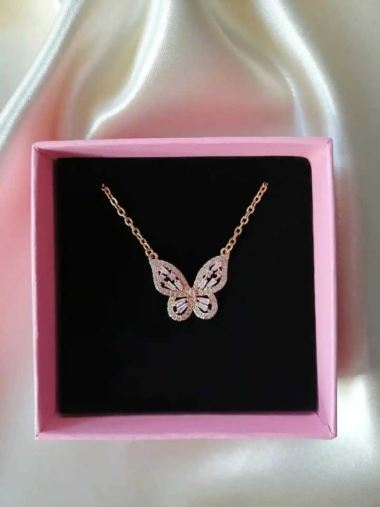 24K Gold Butterfly Necklace with cubic zirconia pendant in pink gift box