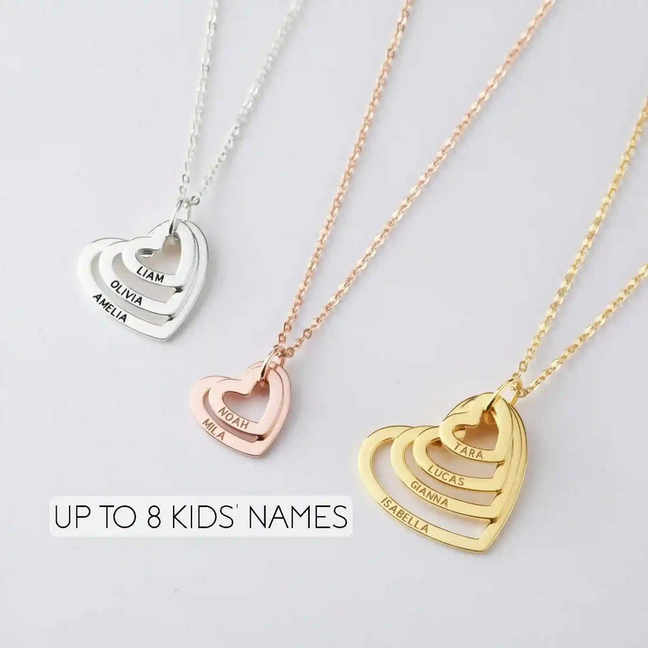 Grandma Heart Name Necklace with up to eight personalized engraved kids' names in sterling silver, rose gold, and 18K gold plating
