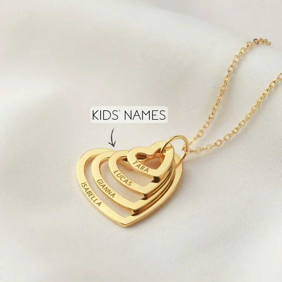 Gold Grandma Heart Name Necklace with four personalized interlocked hearts engraved with kids' names Tara, Lucas, Gianna, Isabella