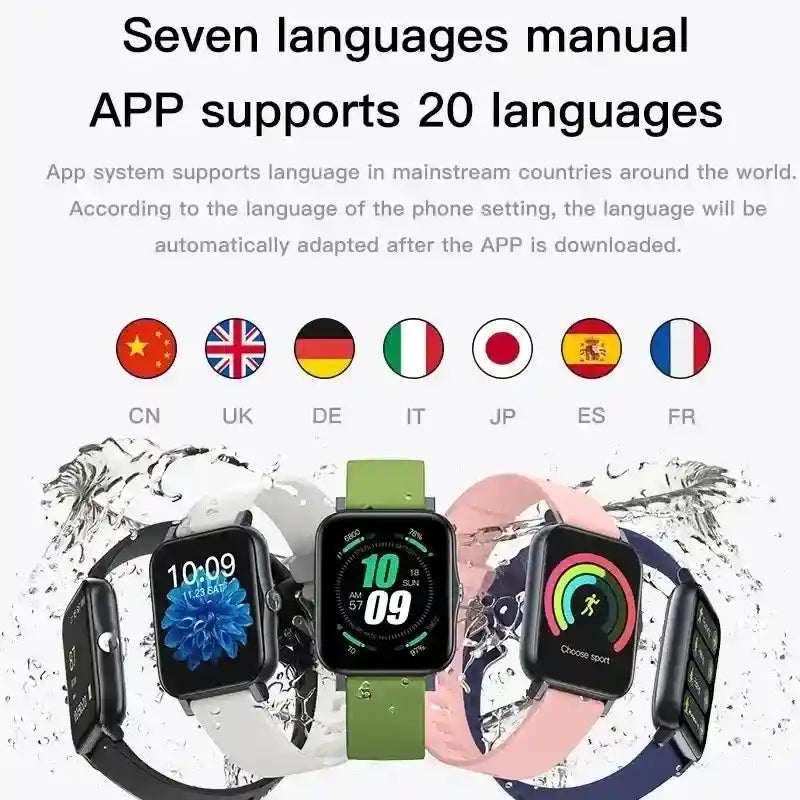 Ultra-Thin IP68 Smartwatch with waterproof design, full-screen display, fitness tracking, and multi-language app support