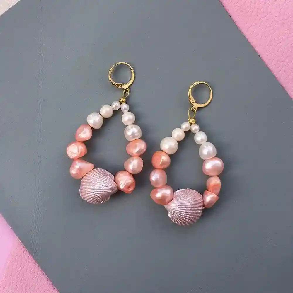 Candy Shell Pearl Earrings with pastel clamshells and freshwater pearl beads on gold-plated hoops