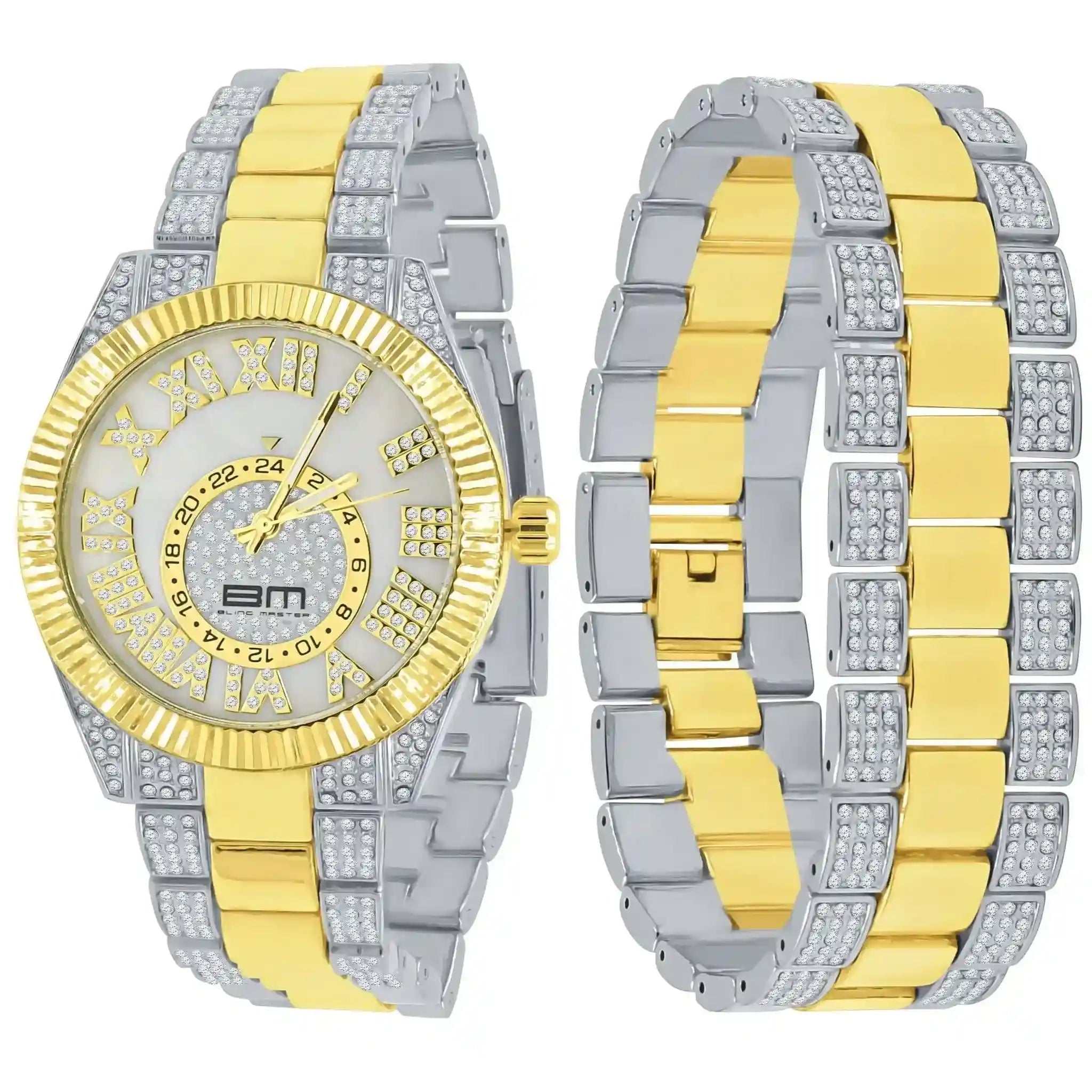 Protuberant Crystal Watch Set with gold and silver tones, diamantine crystals, and bold 42mm case