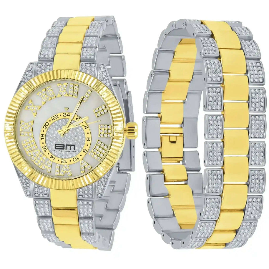 Protuberant Crystal Watch Set with gold and silver tones, diamantine crystals, and bold 42mm case
