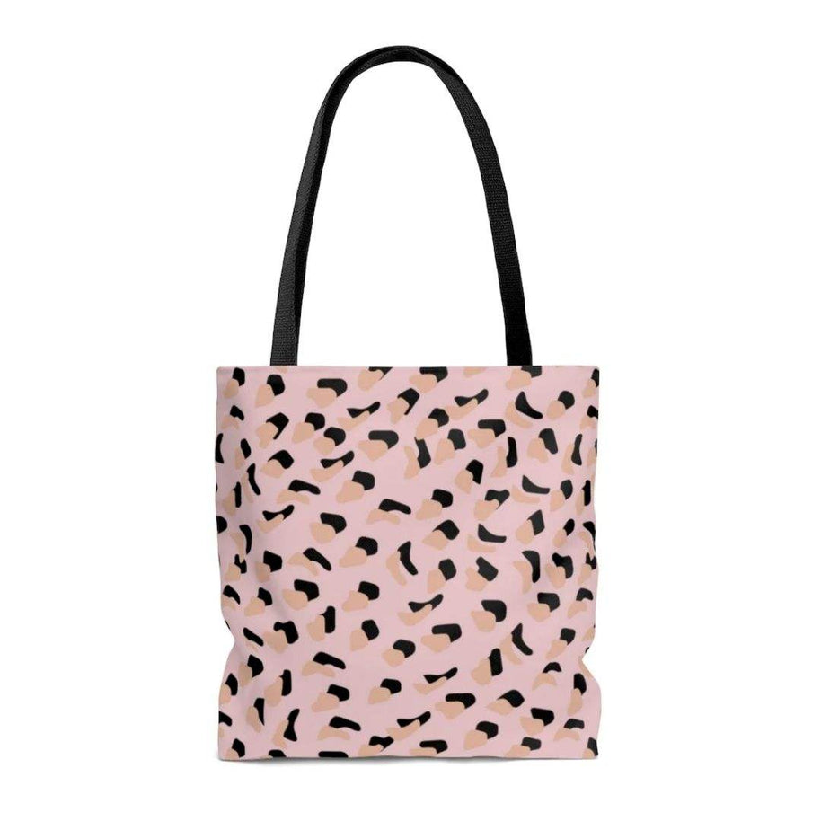 Medium pink leopard print shopper tote bag with black handles and lining, made of 100% polyester