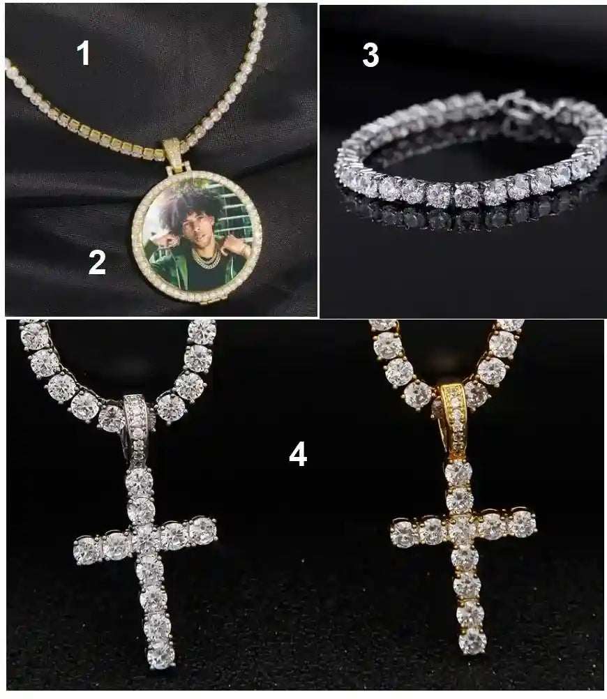 Echo Memory Photo Pendant Bundle with customizable photo pendant, diamond tennis bracelet, and cross necklaces in gold and silver finishes
