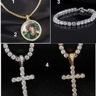 Echo Memory Photo Pendant Bundle with customizable photo pendant, diamond tennis bracelet, and cross necklaces in gold and silver finishes