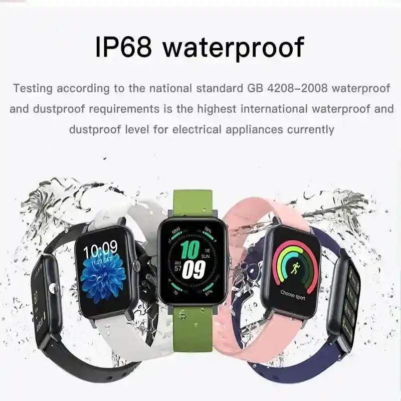 Ultra-Thin IP68 Smartwatch with waterproof design, health tracking, multiple sport modes, and long battery life in various strap colors