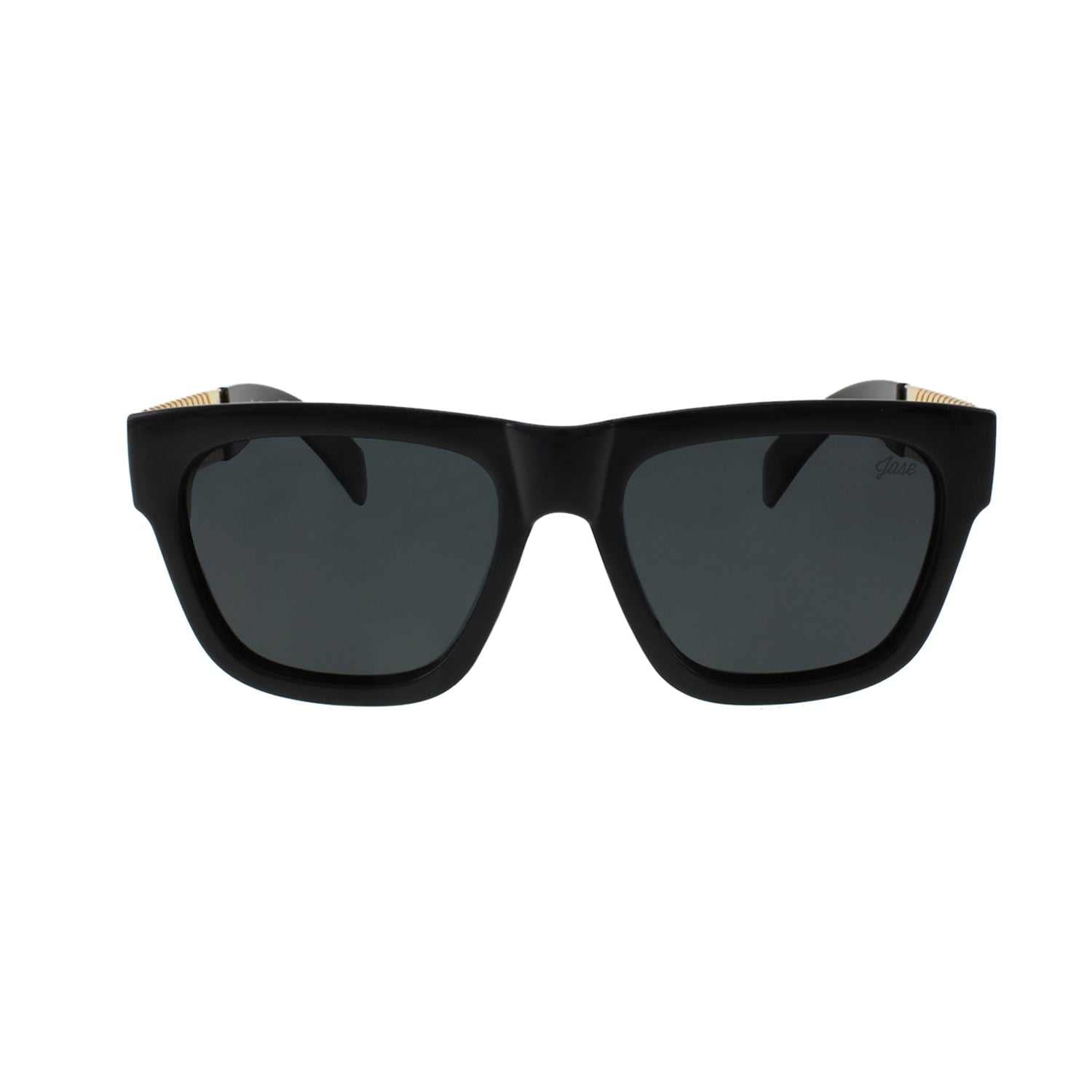 Jase New York Royce sunglasses in gloss black with rectangular frame and reflective metal cross hatch temples