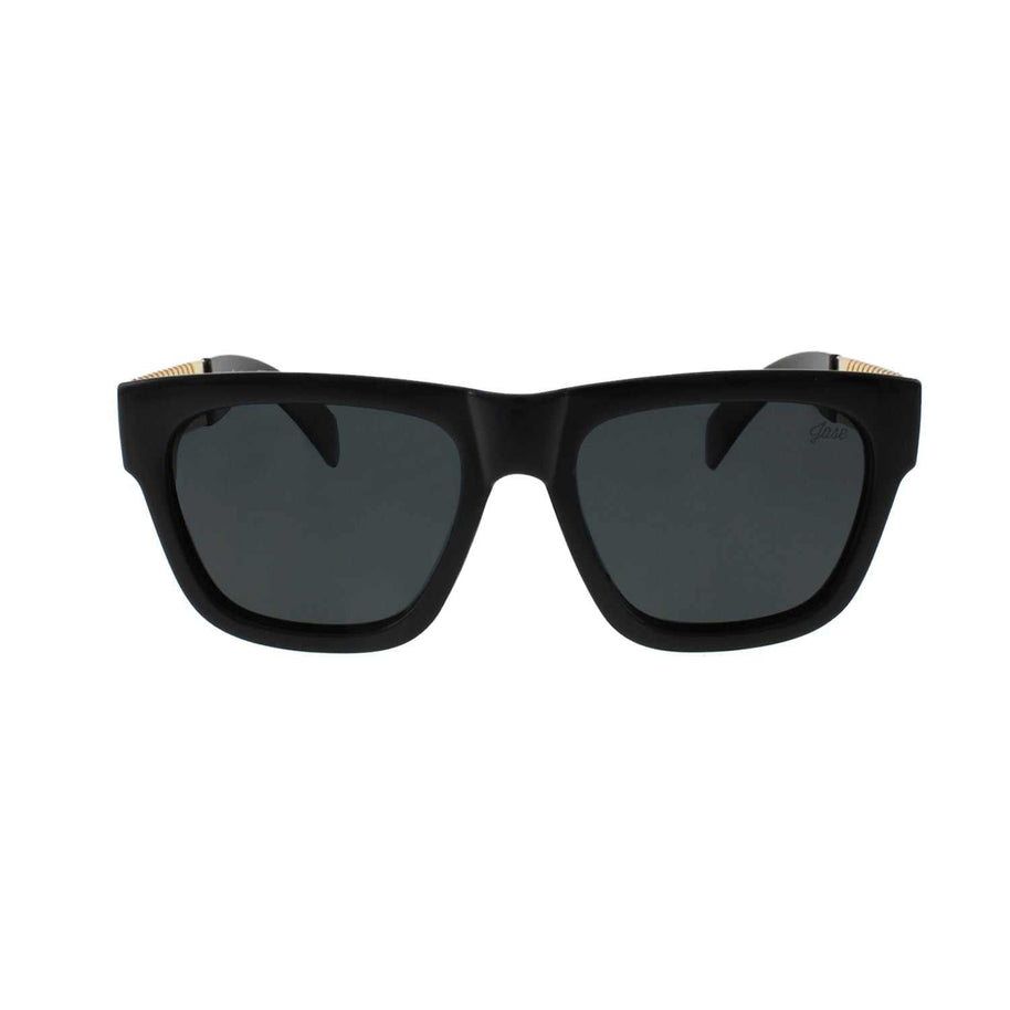 Jase New York Royce sunglasses in gloss black with rectangular frame and reflective metal cross hatch temples