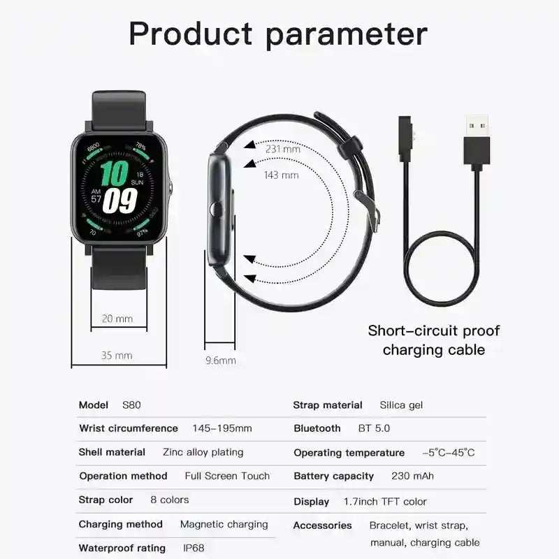 Ultra-Thin IP68 Smartwatch with 1.7-inch full-screen display, zinc alloy body, silicone strap, magnetic charging, Bluetooth 5.0, and waterproof design.