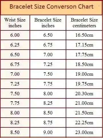 Rainbow Moonstone Stretch Bracelet size conversion chart with measurements in inches and centimeters