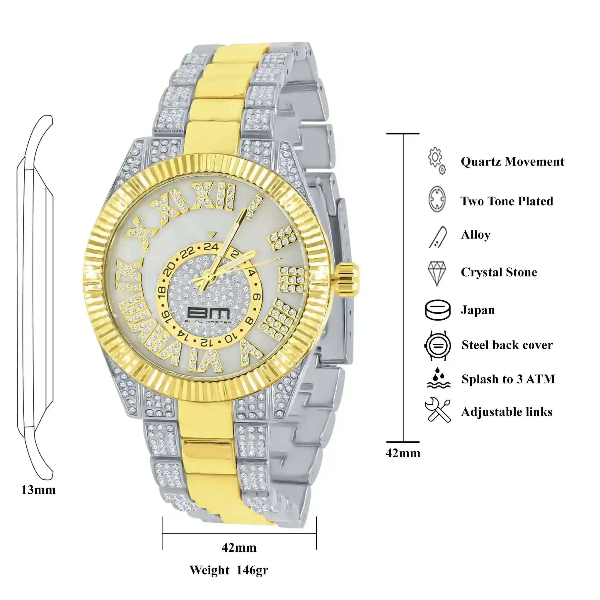 Protuberant Crystal Watch Set two-tone gold and silver watch with diamantine crystals and Japanese quartz movement