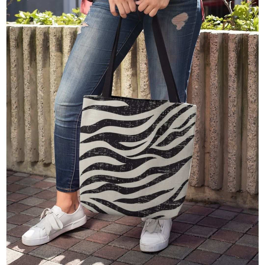 Medium double sided zebra print beach shopper tote bag with black cotton handles