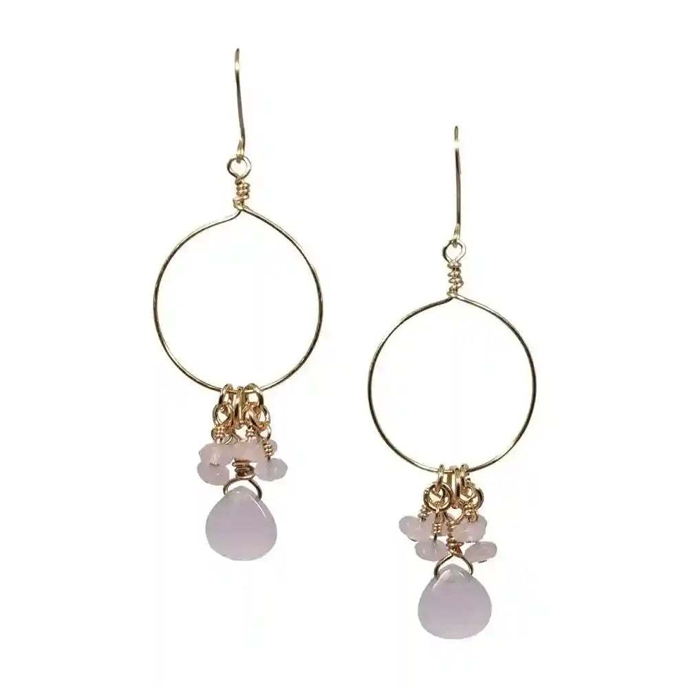 Pink Chalcedony - Jade hoop earrings with silver-plated copper fishhook design and pastel pink teardrop stones