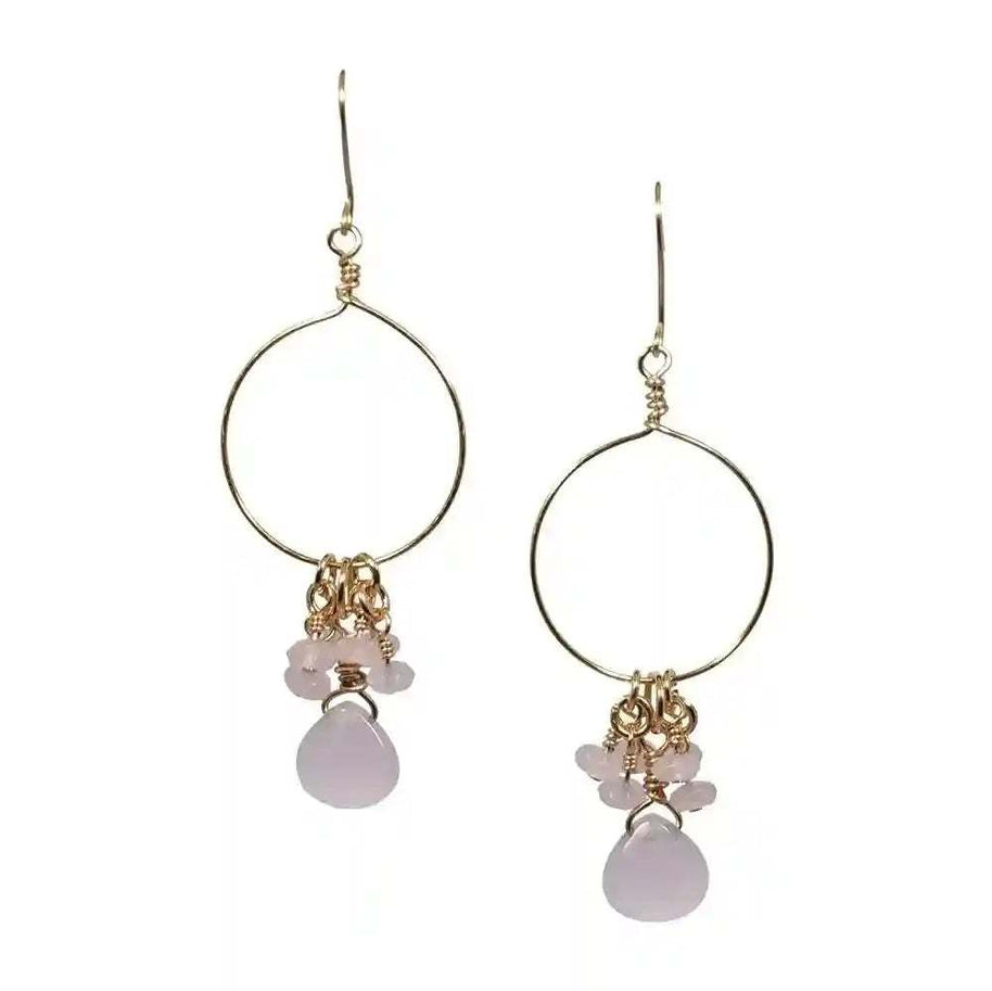 Pink Chalcedony - Jade hoop earrings with silver-plated copper fishhook design and pastel pink teardrop stones