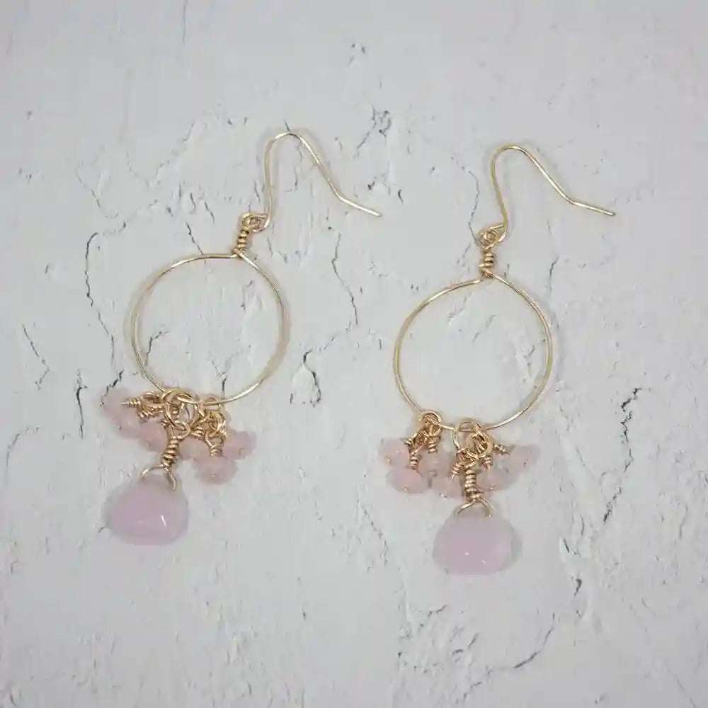 Pink Chalcedony - Jade hoop earrings with silver-plated copper hooks and pastel pink gemstone clusters